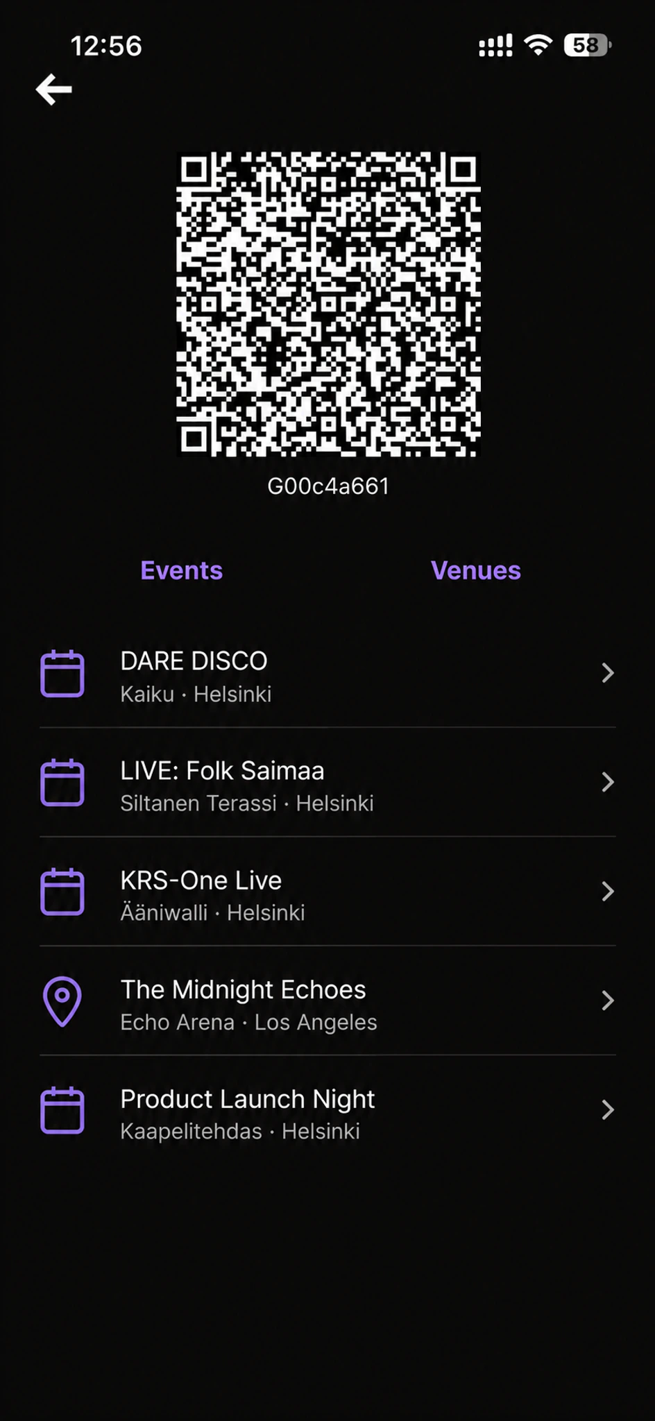 Eventual Tickets guest pass with a scannable QR code and a directory of events and venues
