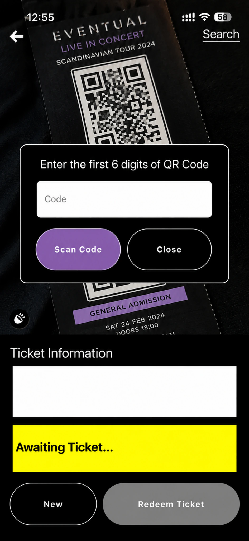 Eventual Tickets manual QR lookup dialog for entering the first six ticket-code digits