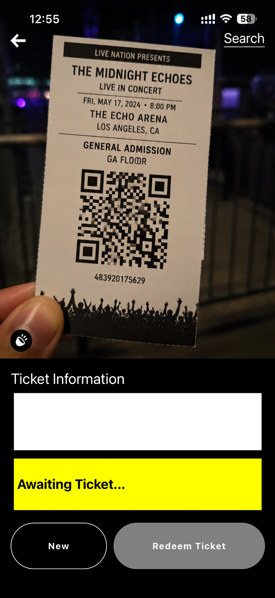 Eventual Tickets live camera scanner focused on a concert admission QR code
