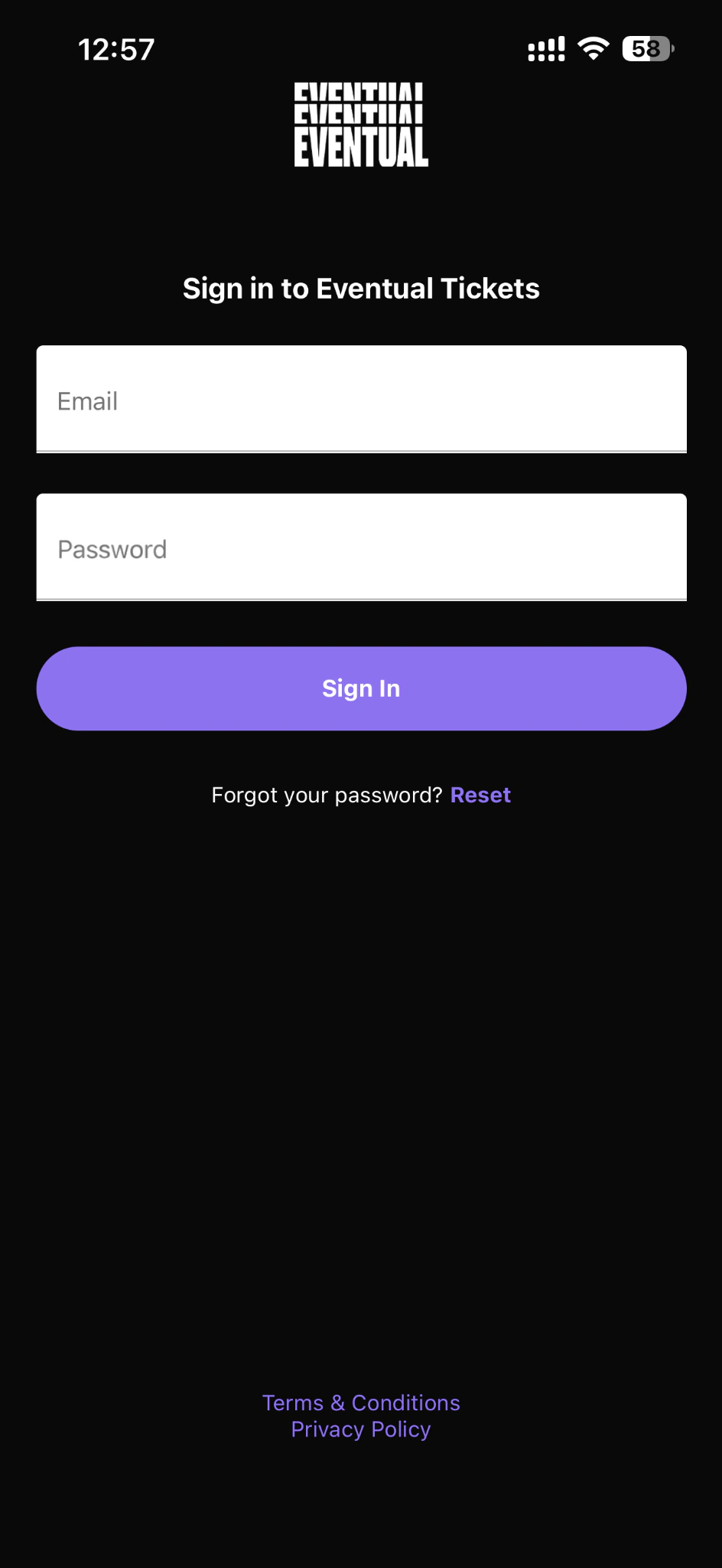 Eventual Tickets sign-in screen with email, password, and account recovery actions