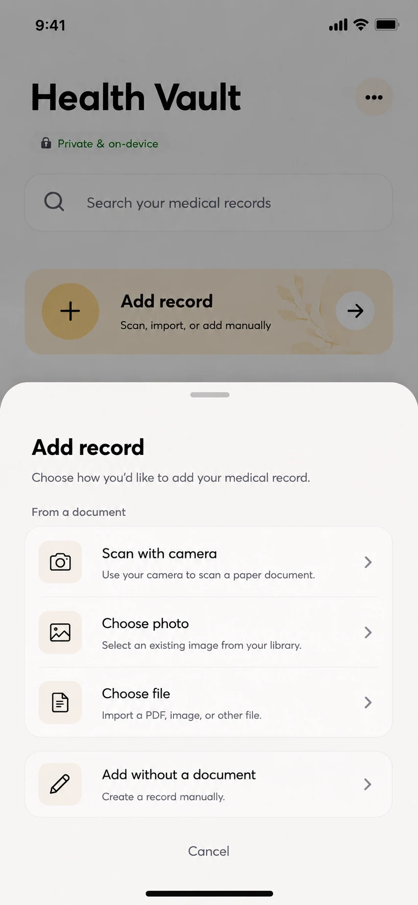 Health Vault add record sheet with camera, photo, file, and manual entry options