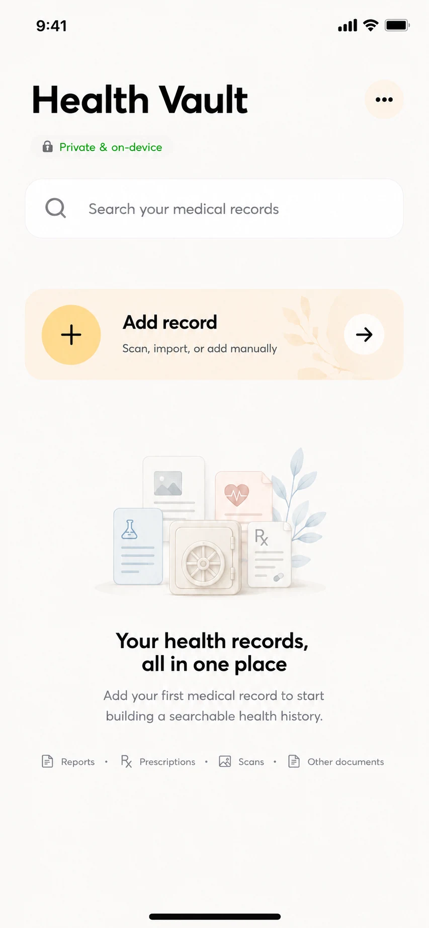 Health Vault empty home screen with private on-device messaging and record illustration