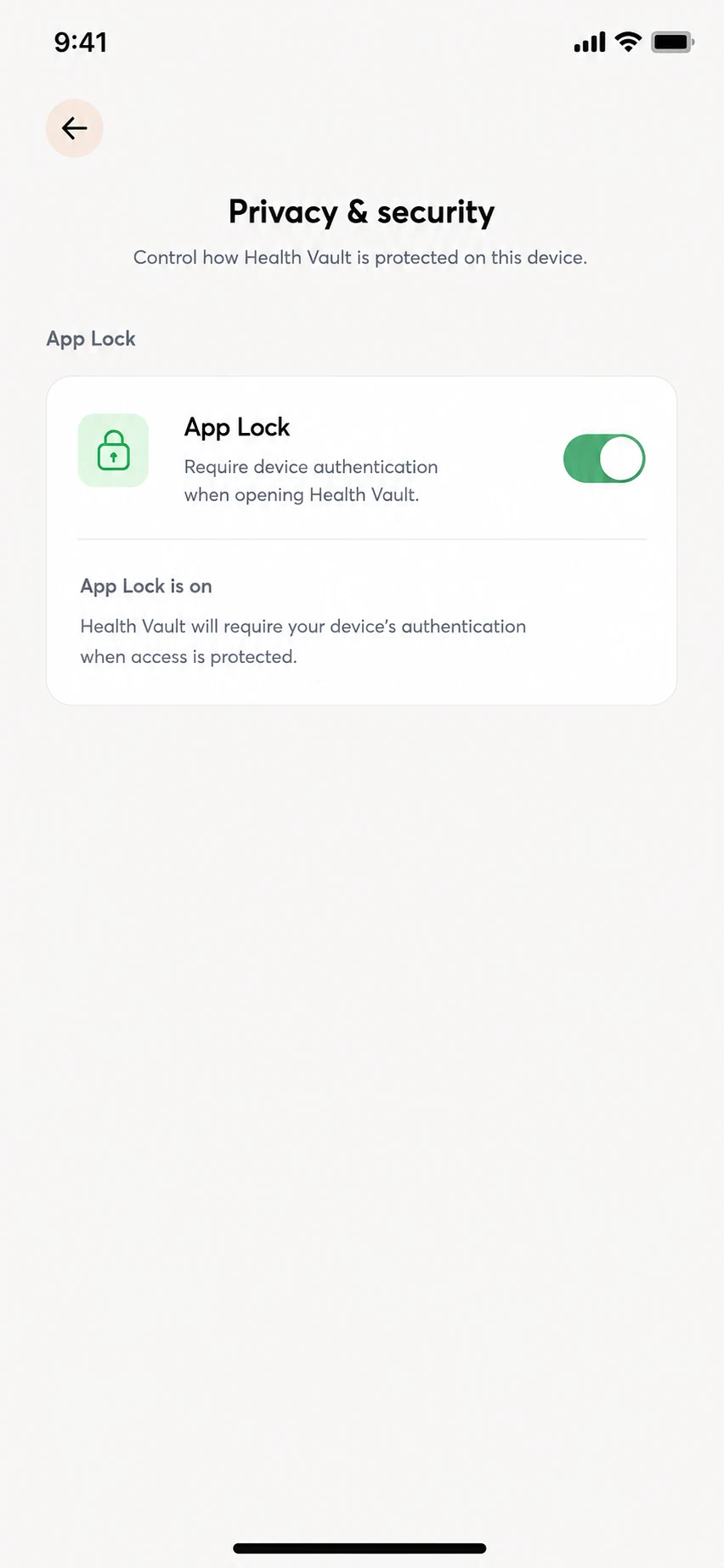 Health Vault privacy and security screen with device authentication enabled