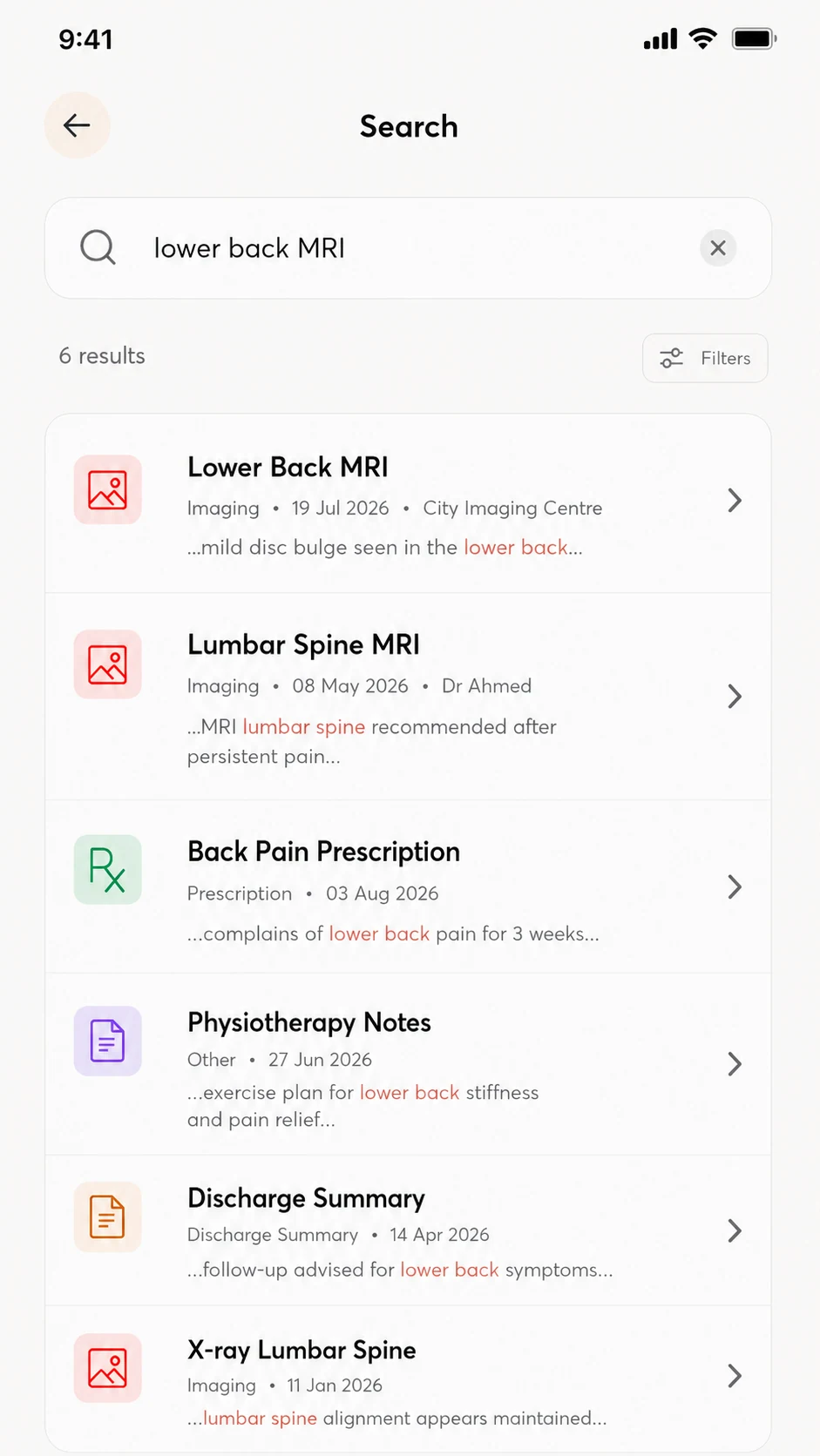 Health Vault search results for lower back MRI across several medical record types