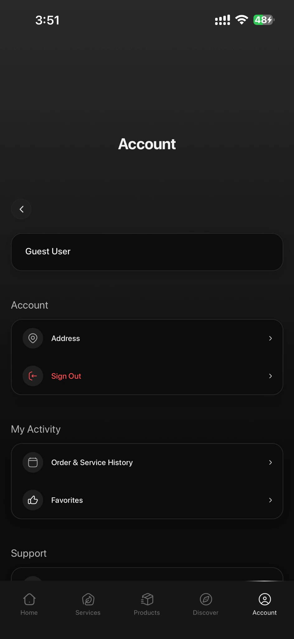SaniService account screen with address, order history, favorites, and support areas