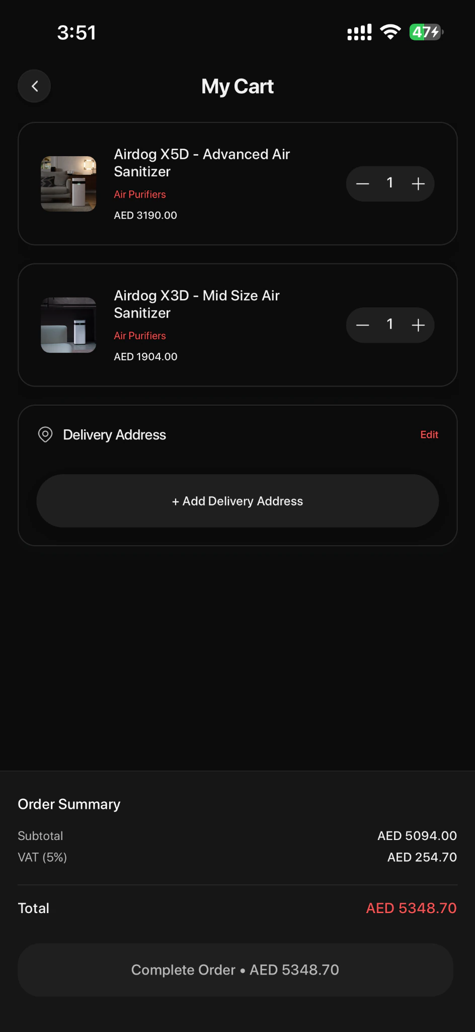 SaniService cart with quantities, delivery address, VAT, order total, and checkout action
