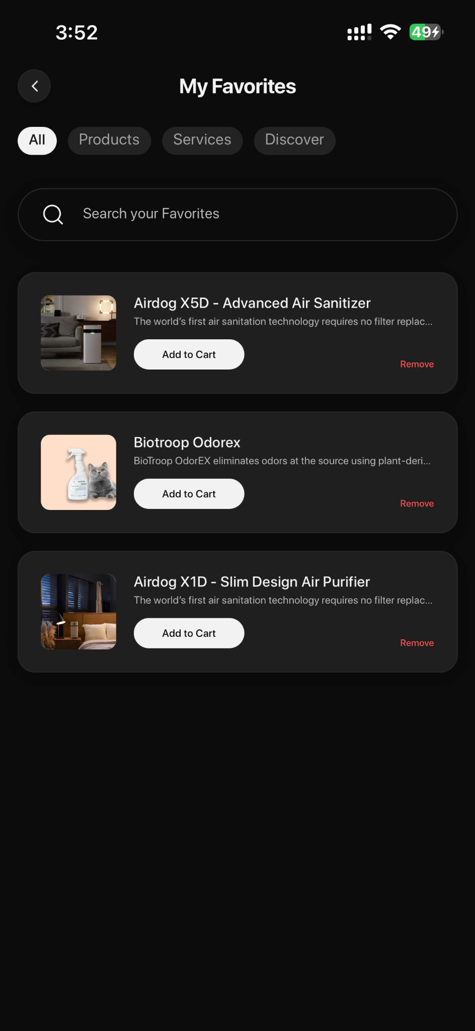 SaniService favorites screen with saved products, search, filtering, and add-to-cart actions