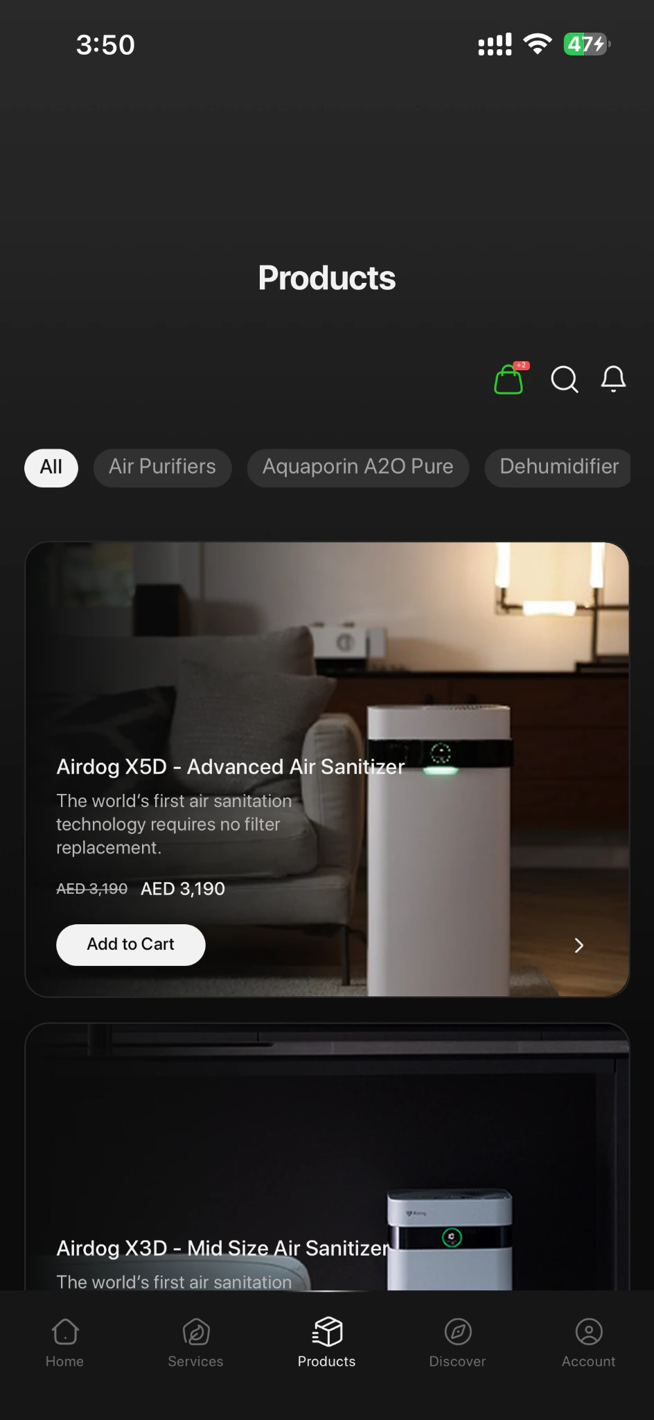 SaniService product catalog showing air sanitizers, pricing, filters, and cart actions
