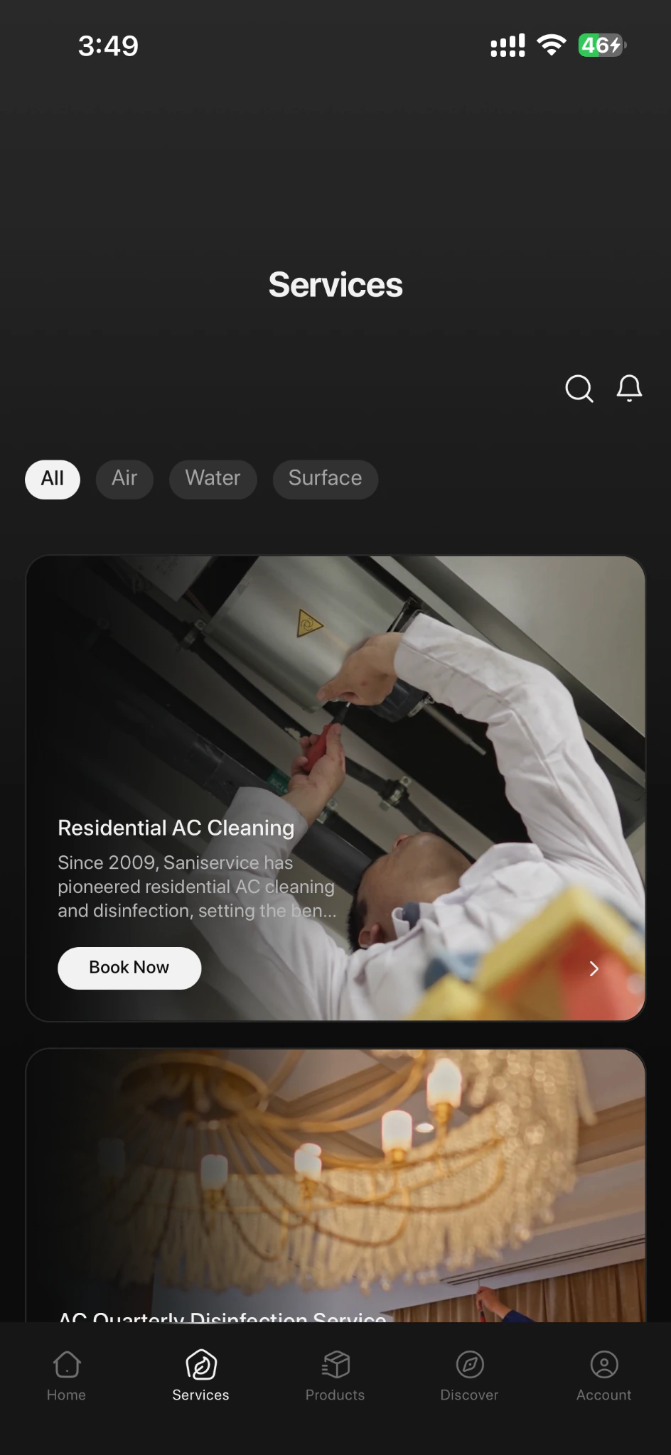 SaniService services catalog with category filters and environmental-care bookings