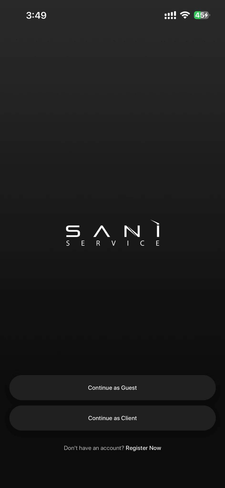 SaniService welcome screen offering guest, client, and registration paths