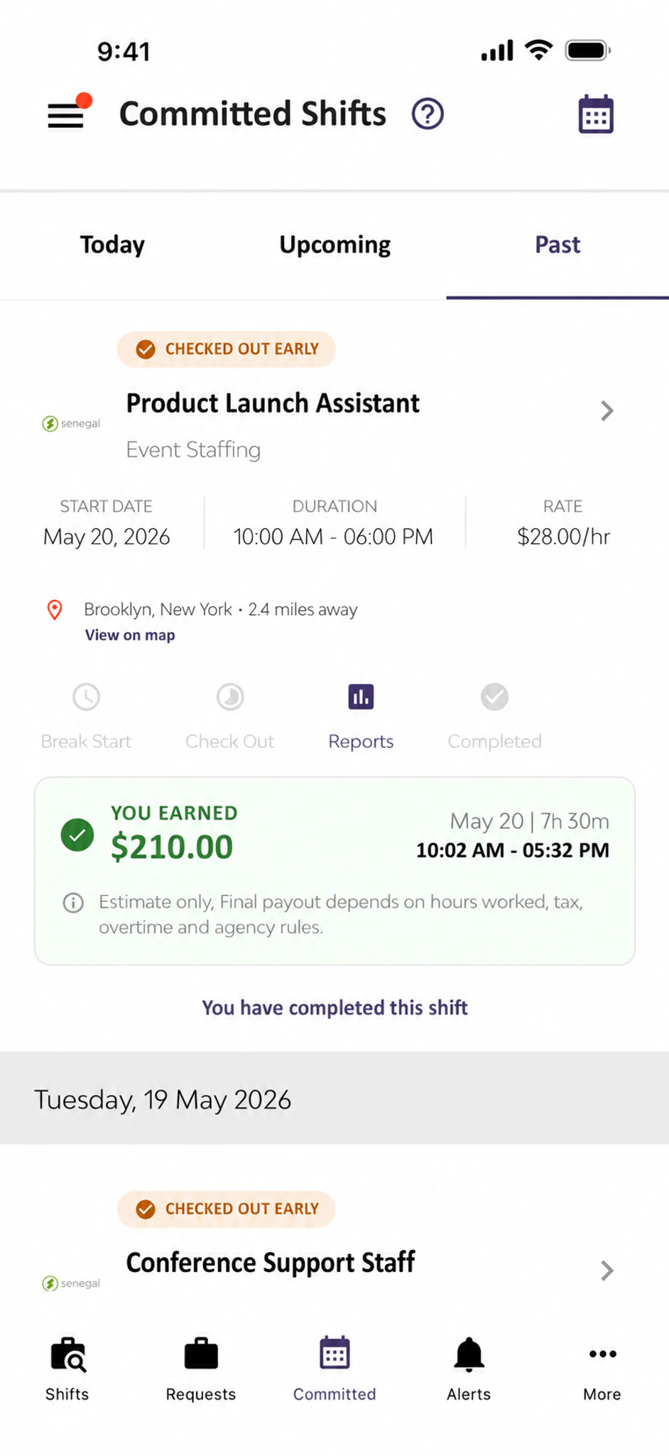 Senegal Software committed shifts screen with completed shift actions and earnings summary
