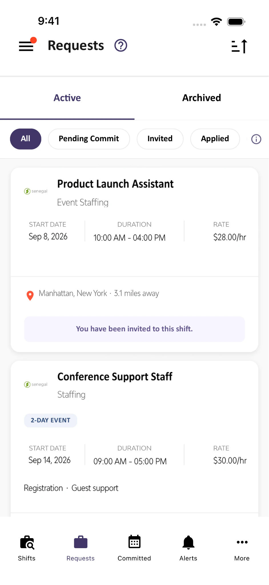 Senegal Software requests screen showing invited and upcoming staffing opportunities