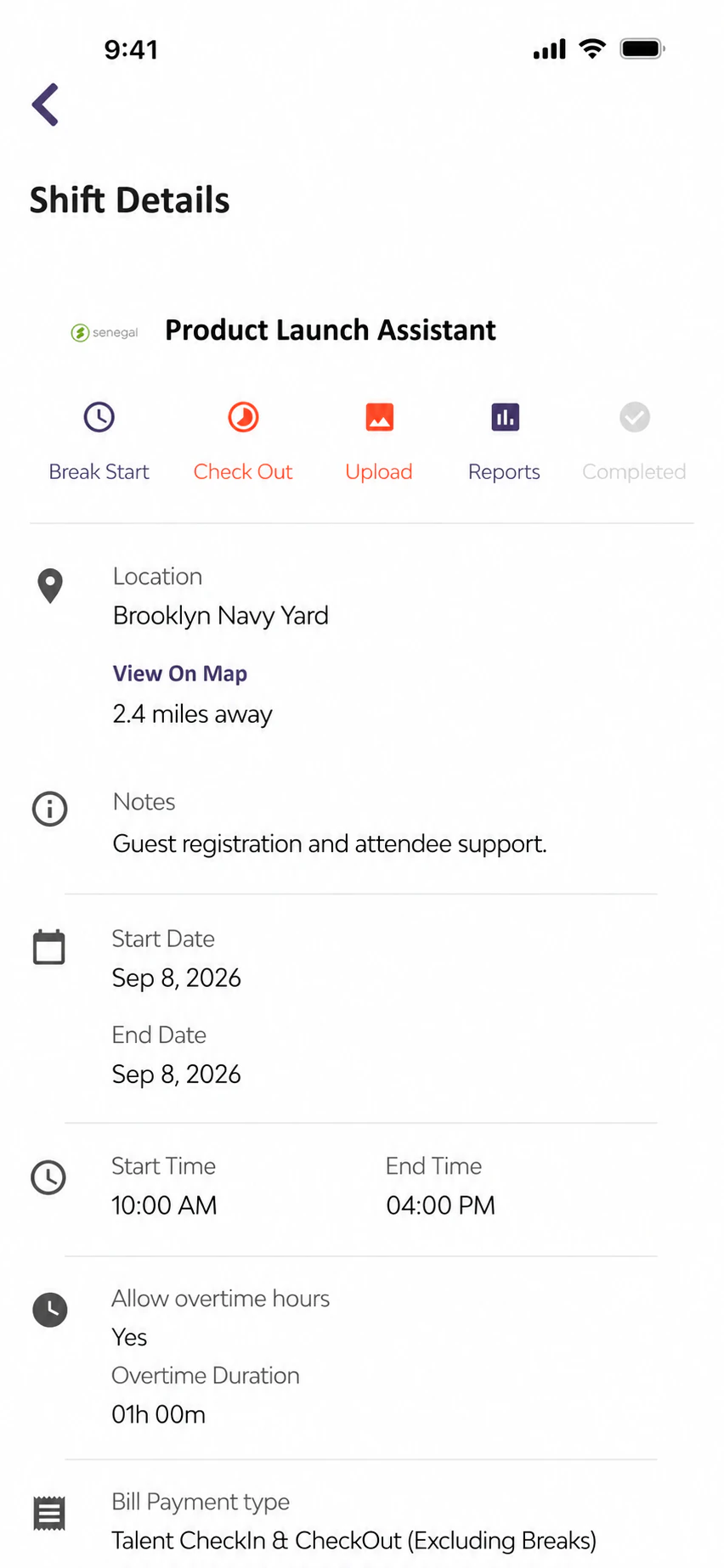 Senegal Software shift details screen with location, schedule, overtime, and reporting actions