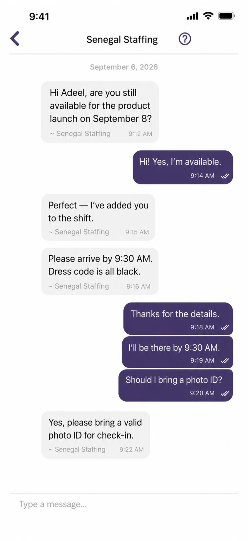 Senegal Software staffing chat showing professional shift coordination between talent and agency