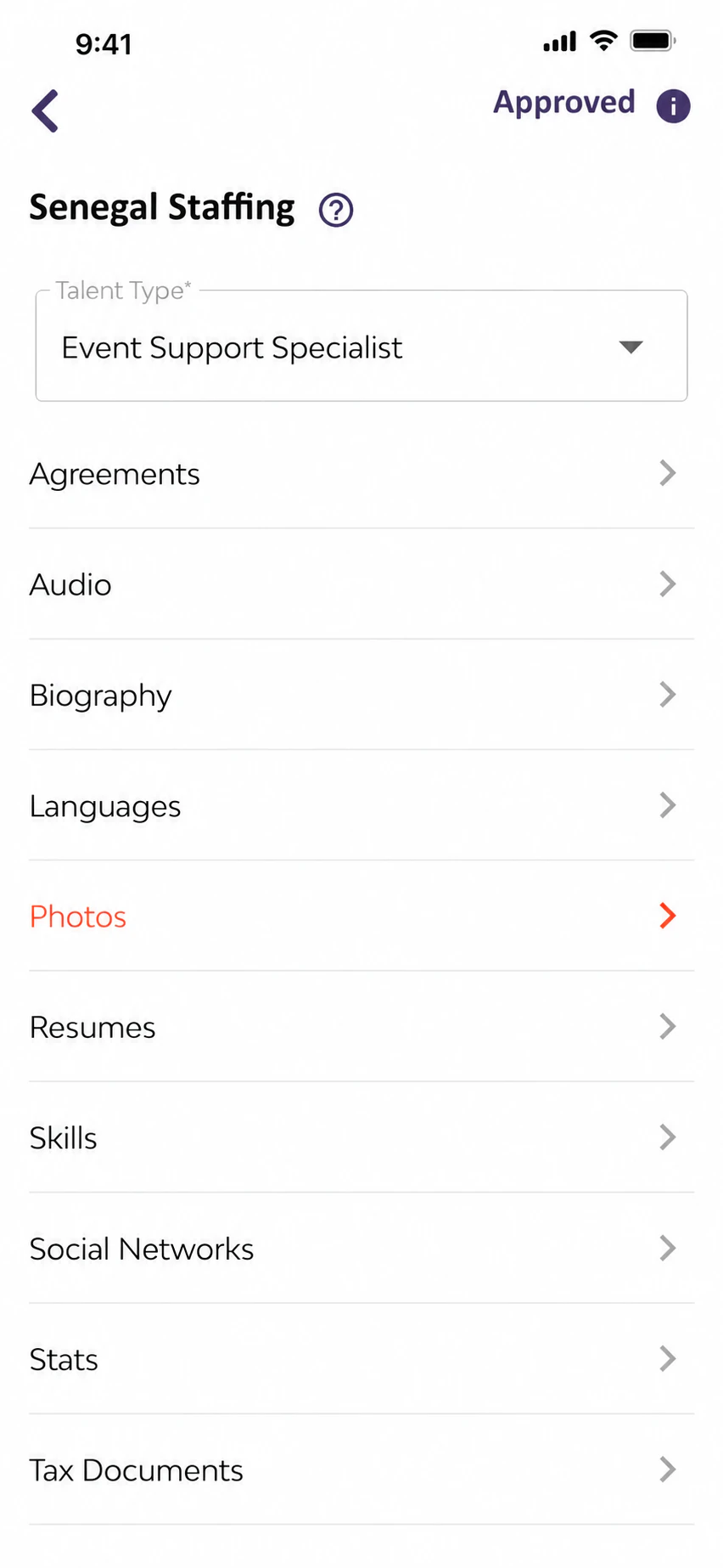 Senegal Software approved talent profile with agreements, skills, documents, and statistics